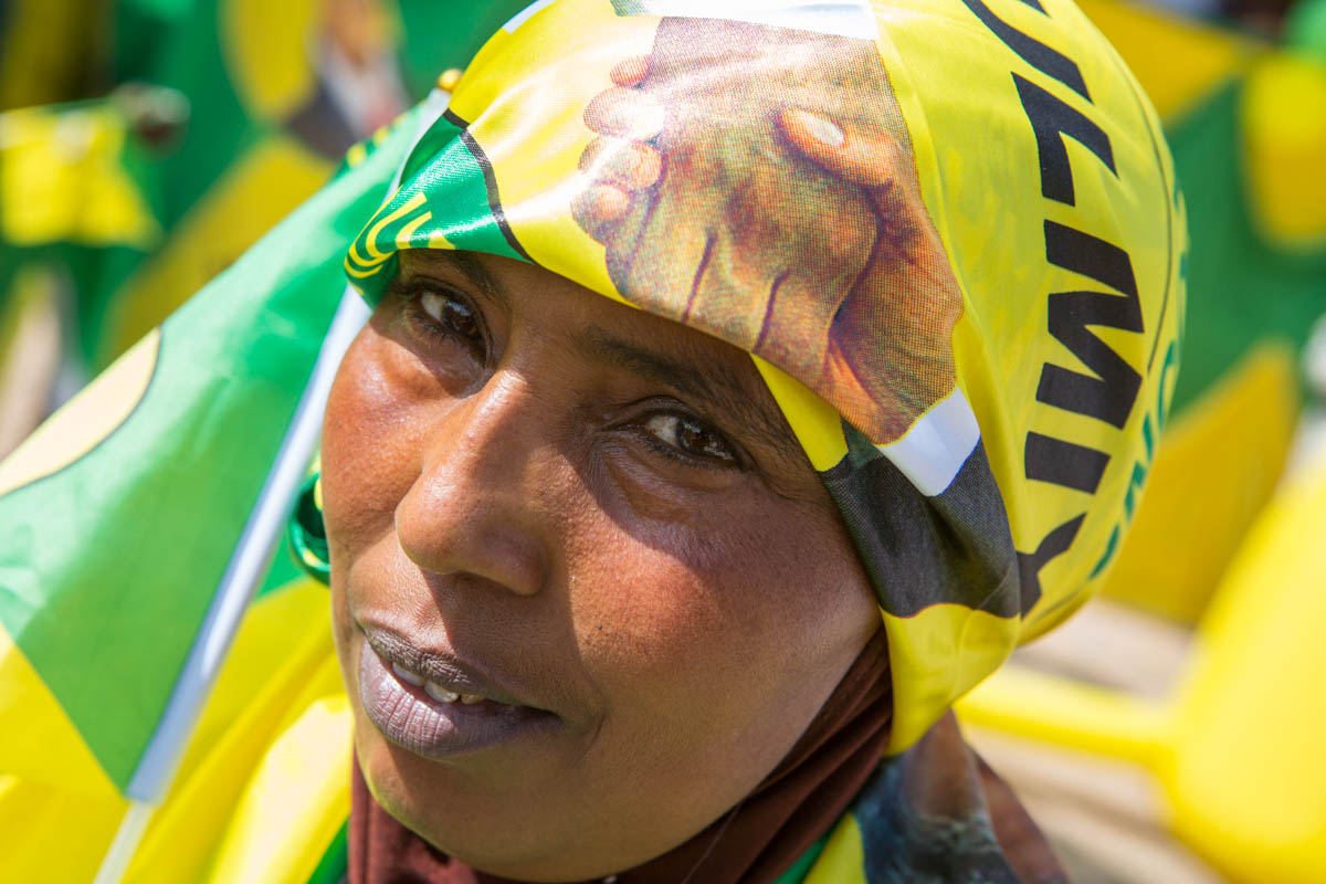 A Kulmiye party supporter at a rally in Hargeisa. [Kate Stanworth/Saferworld/Al Jazeera]