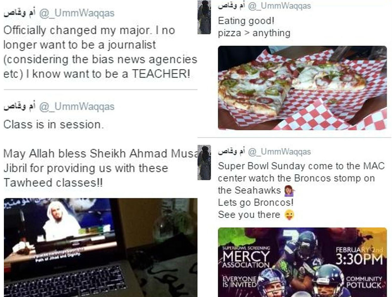 Some of the tweets on @_UmmWaqqas' account reflected her interest in extremist lectures, her disenchantment with her journalism studies, and her excitement over Denver Broncos football.