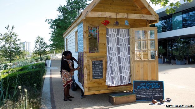 Christine Katerere working on the Poetry Shed in the Queen Elizabeth Olympic Park