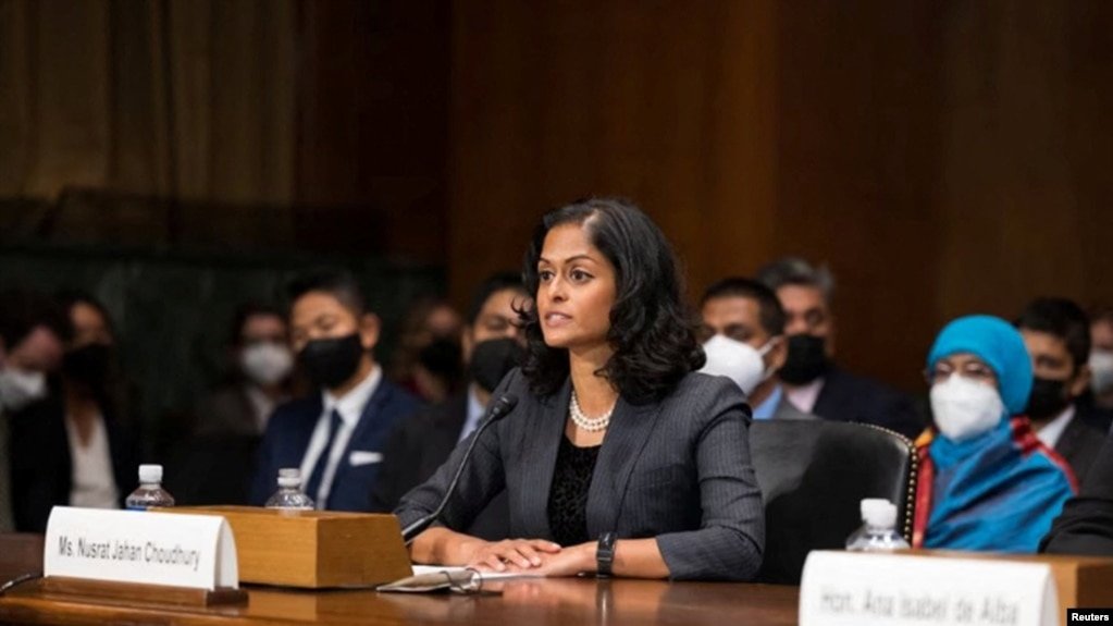 FILE - Nusrat Choudhury appears before the U.S. Senate Judiciary Committee in Washington, DC, on April 27, 2022. (US Senate/via Reuters)