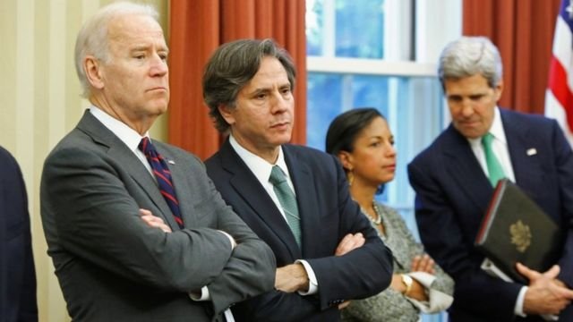 Vice-President Joe Biden, Anthony Blinken, Susan Rice and John Kerry at President Obama's news conference with the Iraqi PM in 2013