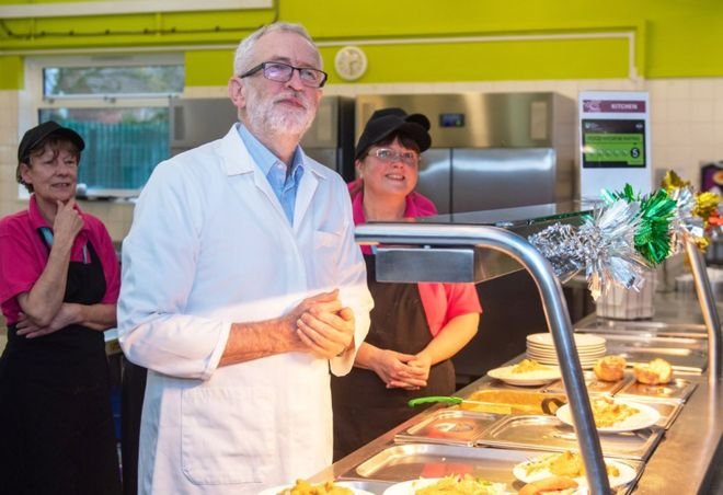 Waa hogaamiyaha xisbiga Labour-ka UK Jeremy Corbyn oo tagay maqaaxi yar isagoona ka shaqaalaha ka caawinaya qeybinta cuntada.