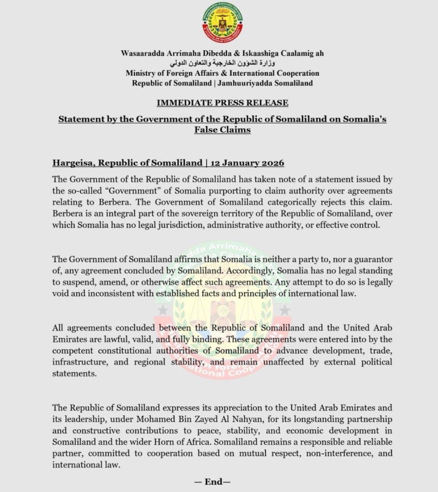 Somaliland Rejects Somalia’s Claims Over Berbera, Affirms Legality of Agreements with UAE